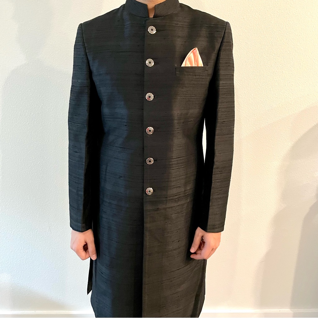 Black Raw Silk Indo-Western Suit For Men.